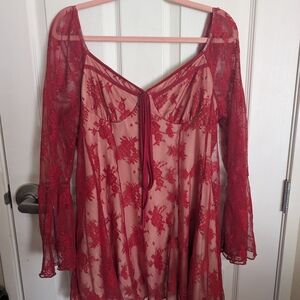 Chic Red Lace Dress with Sheer Sleeves